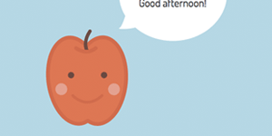 Preview of an adorable apple illustration that tells you the time and an appropriate greeting.